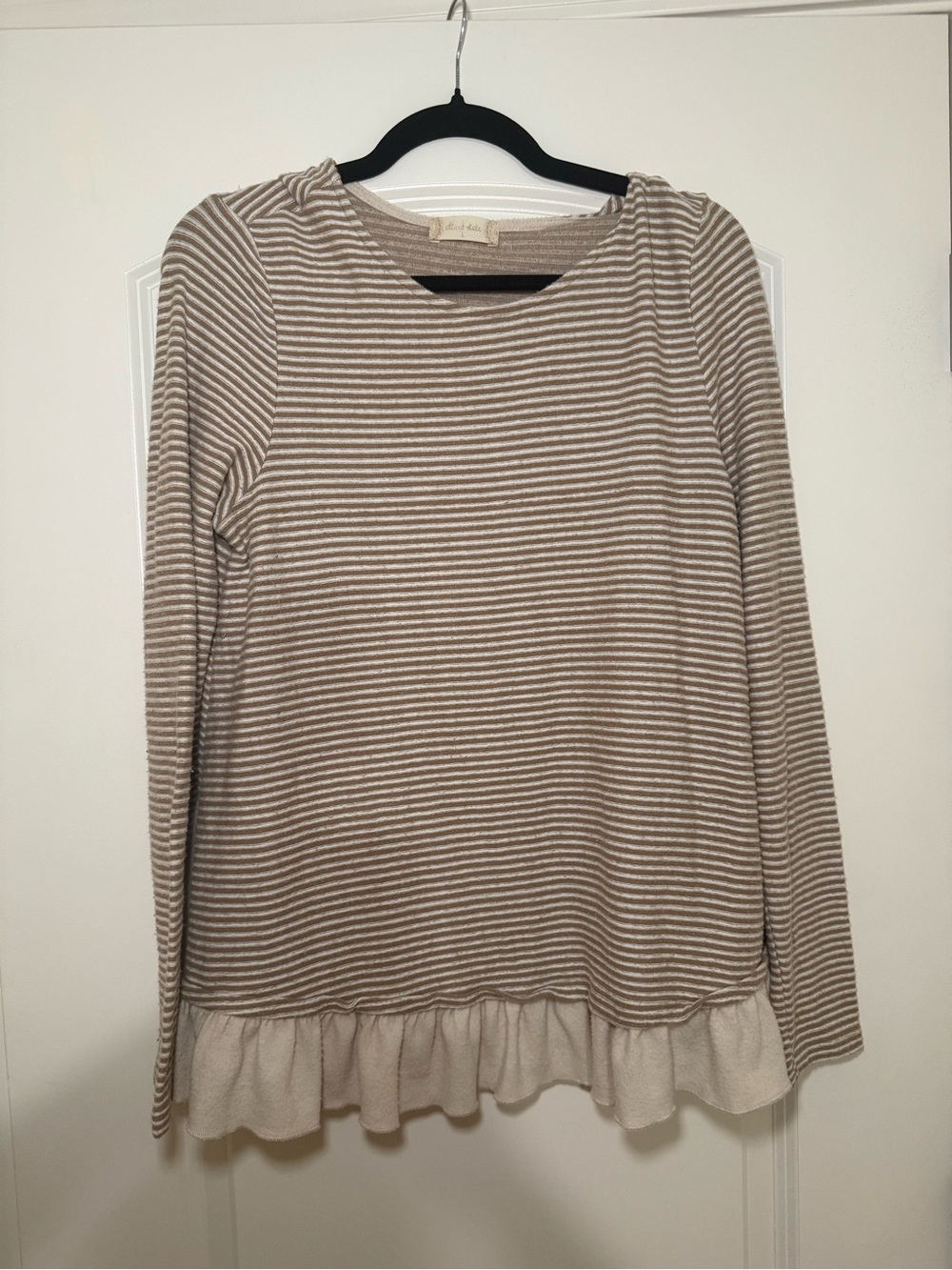 Altar’d State Striped Ruffle-Hem Long-Sleeve Top - Taupe and Cream